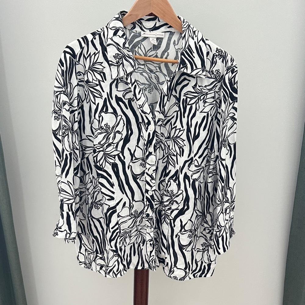 Vintage 100% Line Chic Black and White Patterned Button Down Shirt 18W